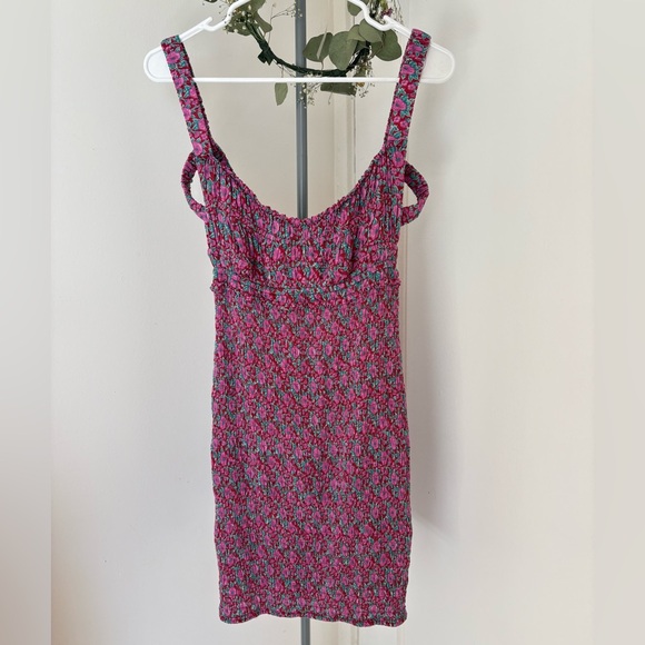 Free People Intimately Juniper Floral Mini Dress Smocked Bodycon Pink Sz Small - Picture 4 of 14